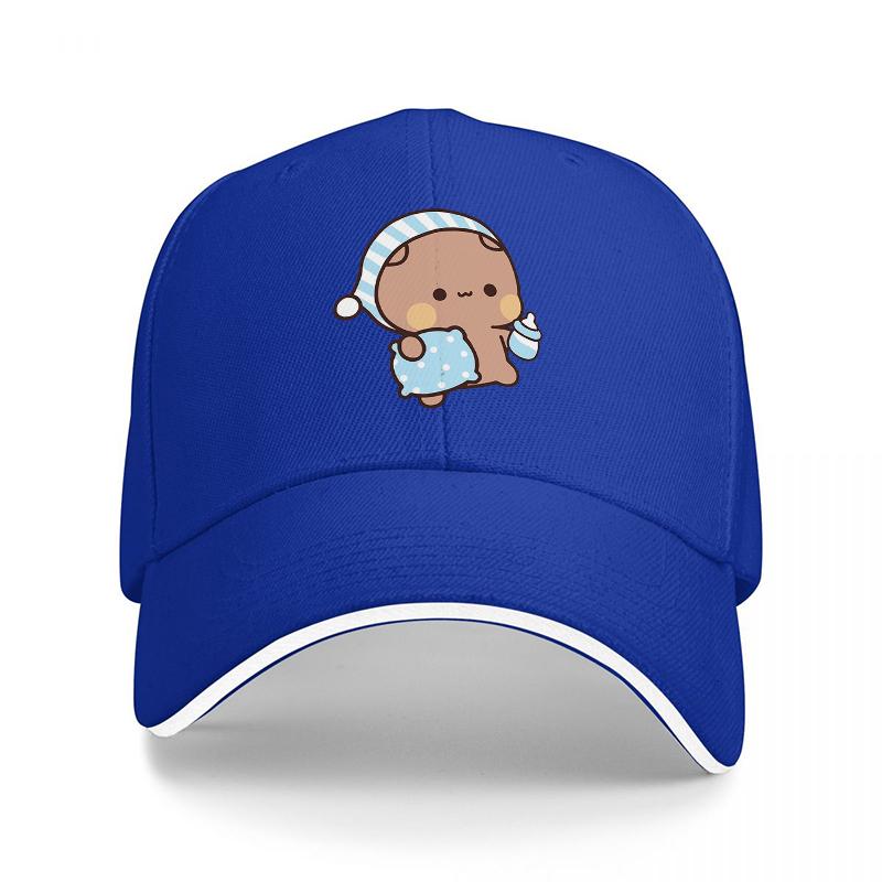 Cute Baby Bear Wearing Nightcap and Holding Bottle Baseball Cap Black with White Trim Adorable Cartoon Design for Adults