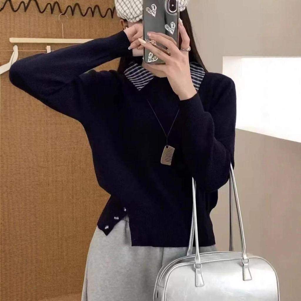 Korean Plaid Patchwork Knit Sweater - Women's Long Sleeve Fake Two-Piece