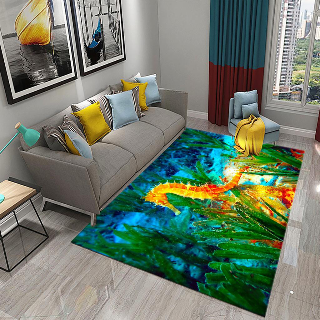 Underwater World Ocean Theme Carpet Cute Dolphin Octopus Sea Turtle Pattern Anti-slip Floor Mat for Living Room Bedroom Bathroom