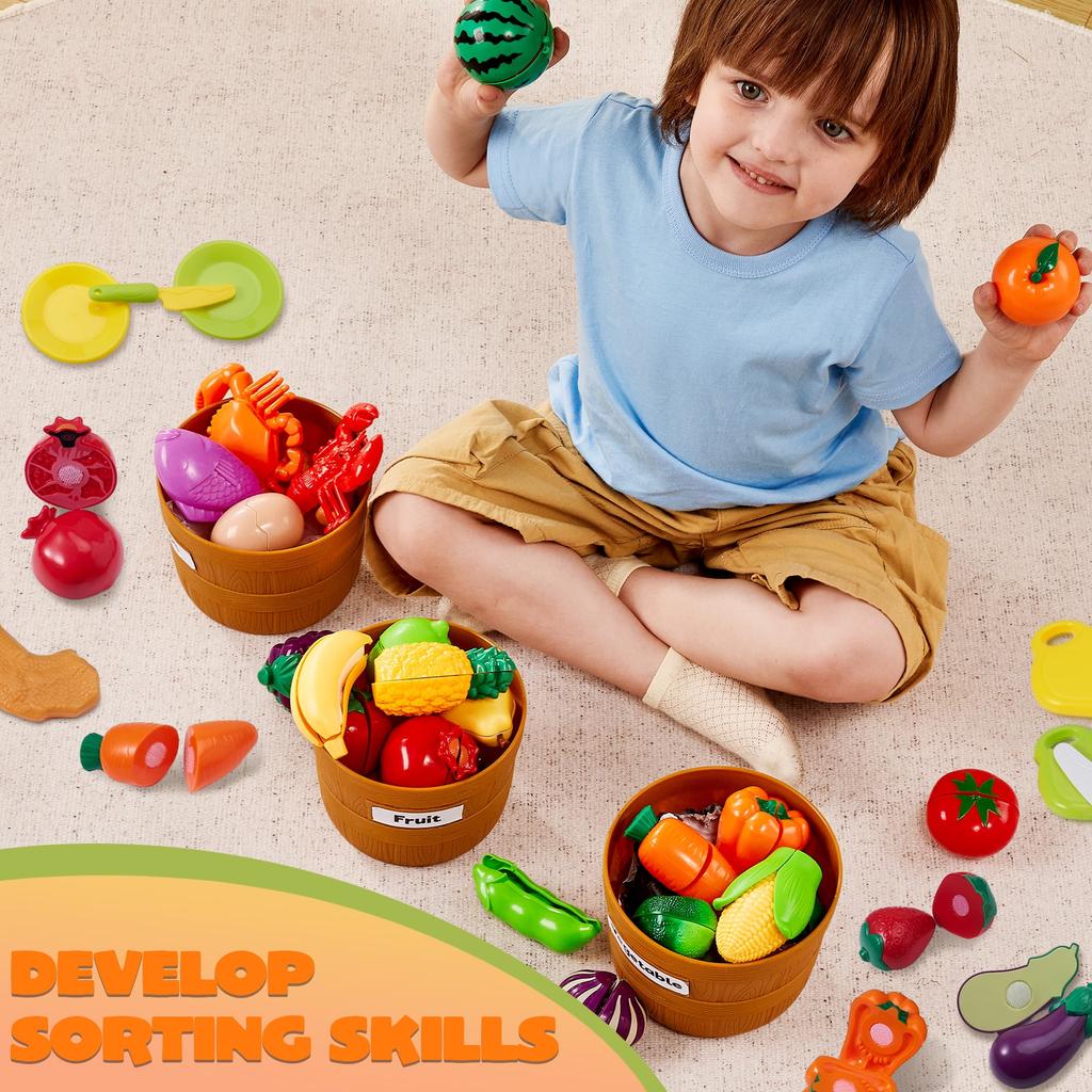 Joyfy 60 Pcs Play Food Set for Kids Kitchen, Color Sorting Toy Food for Boys Girls Pretend Play Fake Food Toy for Toddlers