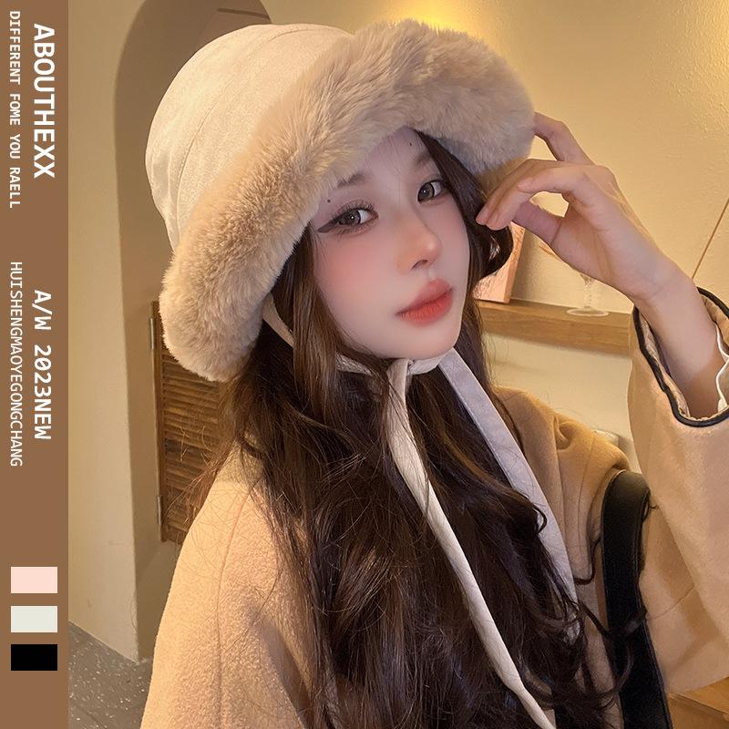 Plush Thickened Furry Mongolian Hat Live Broadcast Same Solid Color Suede Lace Up Ear Protection and Warm Fisherman's Hat
