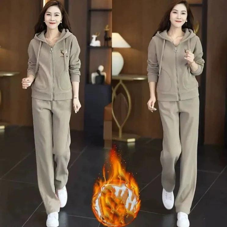 Plus Velvet Thickened Winter Casual Western Style Loose Hooded Sweater Sportswear Suit Mother Two-piece Winter