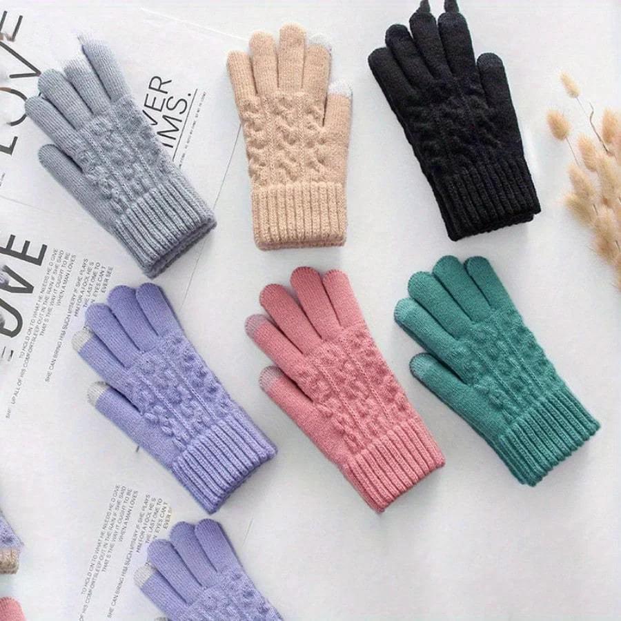Warm Knitted Women Gloves for Autumn Winter Touch Screen Multi Color Double Layer Thick Plush Five Finger Riding Cold Resistant