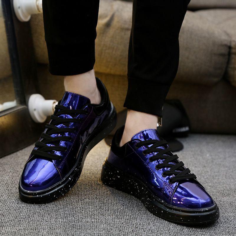 Trendy Patent Leather Glossy Men's Shoes Cold Adhesive Year Round Mirror Punk Style White Sneakers Casual Shoes