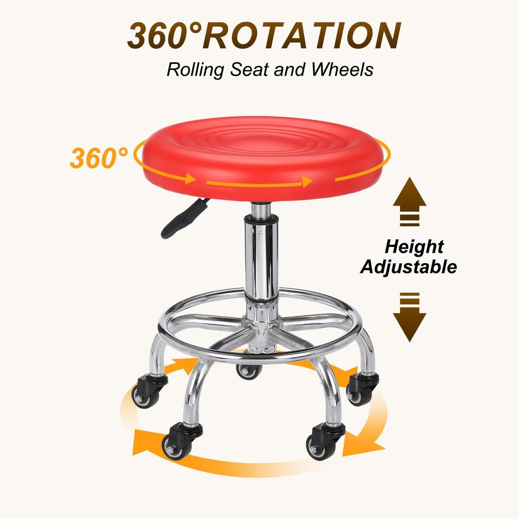 PATIKIL Rolling Desk Stool with PU Leather Round Rolling Desk Stool for Beauty and Office Red Height-Adjustable Casters, Tattoo, Massage, Salon, Spa,