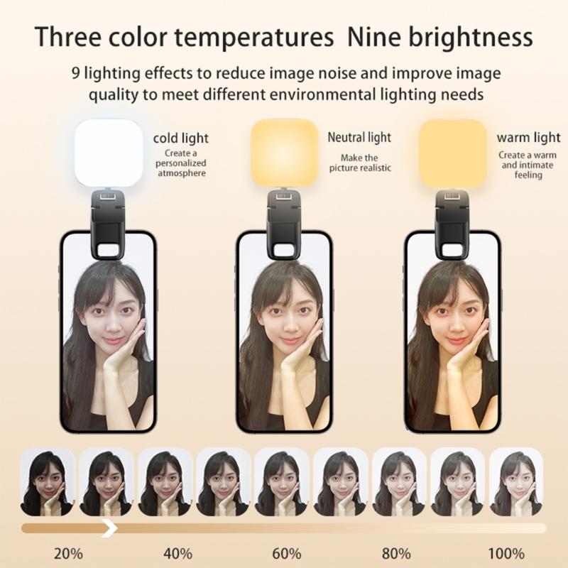 9 Gear Brightness Phone Light with Clip 2500-6000K Selfie Light Rotating Clip on Fill Light for Photography Portable