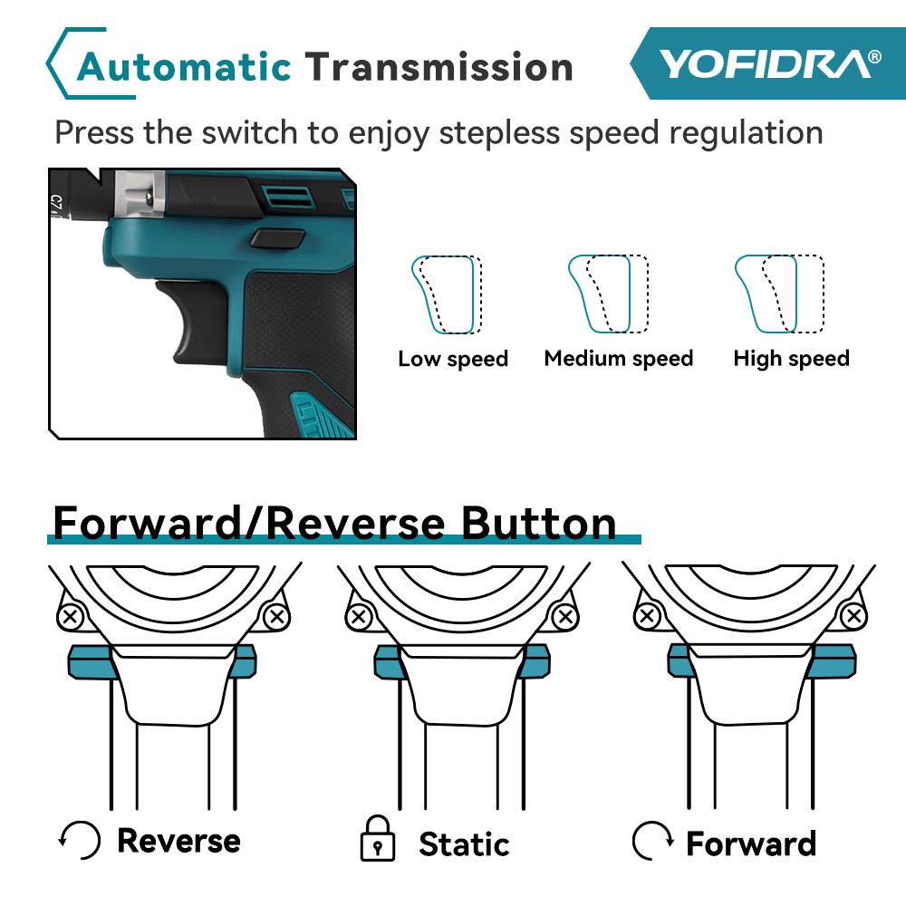 YOFIDRA 3IN1 Electric Impact Drill 25+3 Torque Handheld Cordless Impact Drill Woodworking Power Tool For Makita 21V Battery Pin