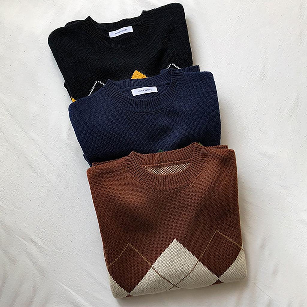 Herbst Winter Innenhof Stil Geometrisches Muster Lose Rundhals Strick Pullover