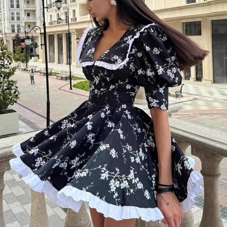 Women Black White Floral Print Bubble Sleeve Dress with Ruffle Trim