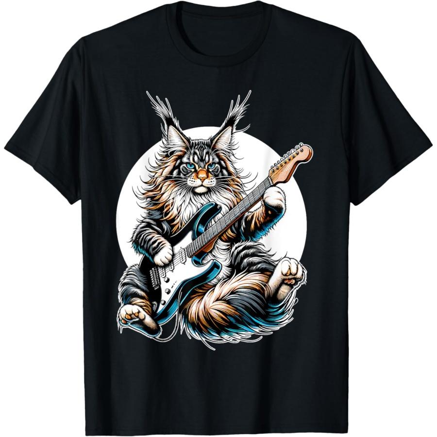 

Rock Cat Playing E-Guitar, Funny Guitar Maine Coon Cat T-Shirt XXXXXL чорний