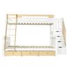Paturi supraetajate 90x200/140x200 cm alb & natural, pat familial din lemn cu scară de depozitare, scară, 3 sertare sub pat și protecție anti-cădere pentru camera copiilor