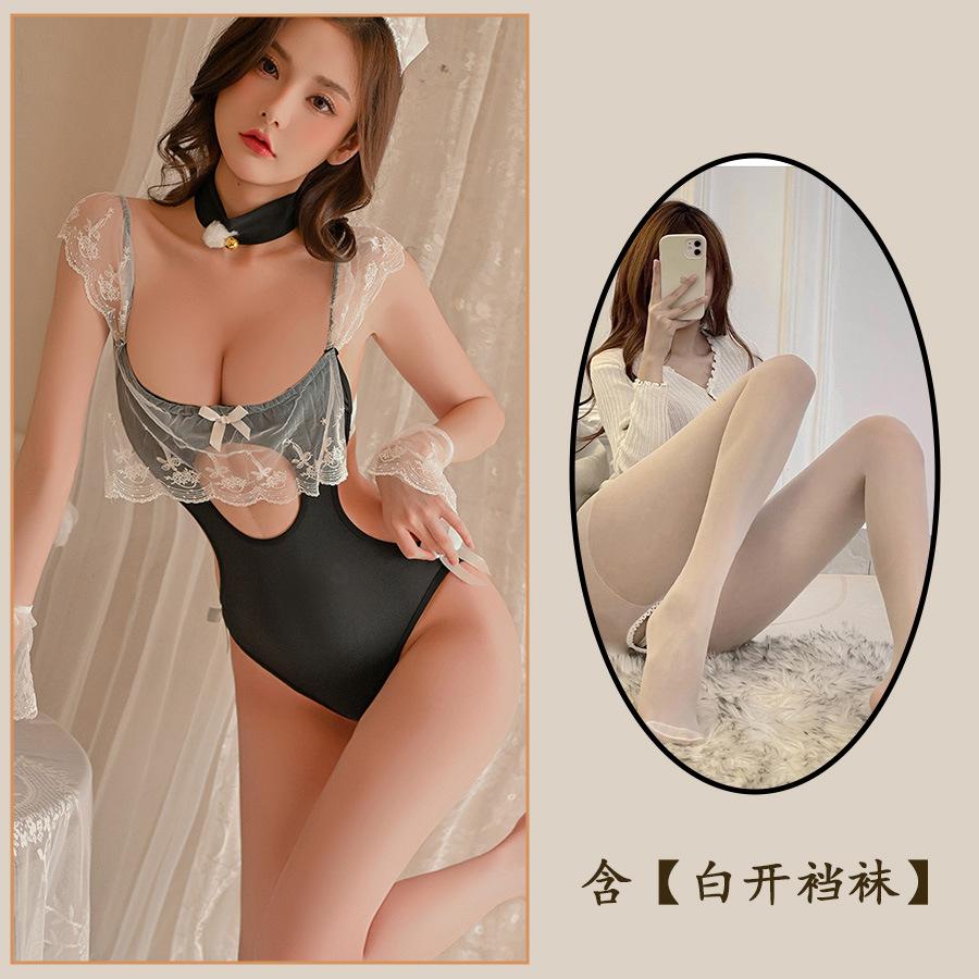 Sexy Lingerie Lace Lotus Leaf Pure Lust Maid Cute Onesie Maid Crotch Passion Uniform Tights