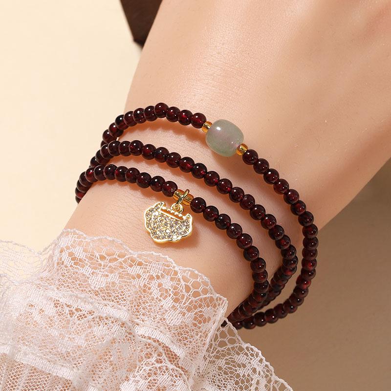 Exquisite Women's Garnet & Hetian Jade Three-Circle Lucky Bead Bracelet