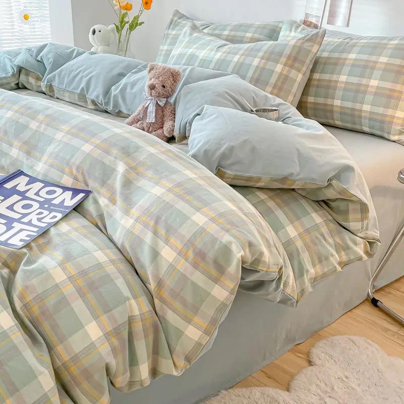 INS Plaid Bedding Set Pink Green Bed Linens Nordic Duvet Cover Pillowcase Queen Size Flat Sheet Adults Kids Bedclothes