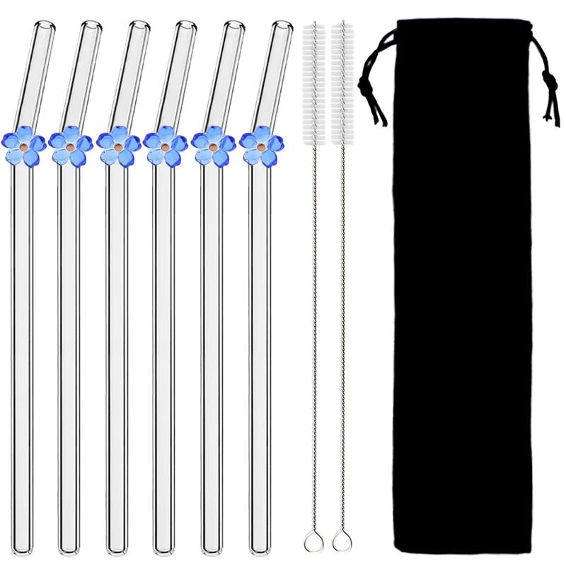 6Pcs Reusable Glass Straw Set High Borosilicate Smoothie Cocktails Straw Healthy Eco Friendly Drinking Straw with Clear Brush