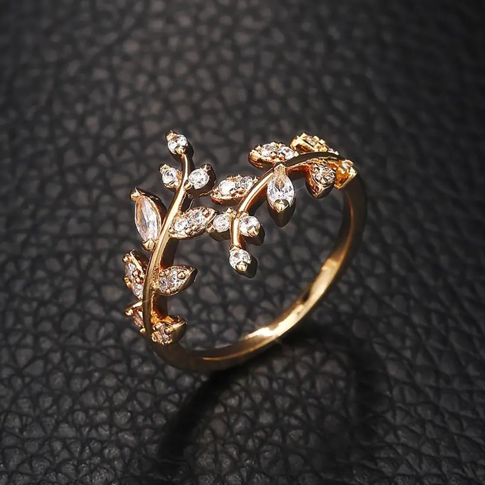 Gold Sliver Color Leaves Diamond Cuff Rings For Women Slim Zirconia Figure Accessory
