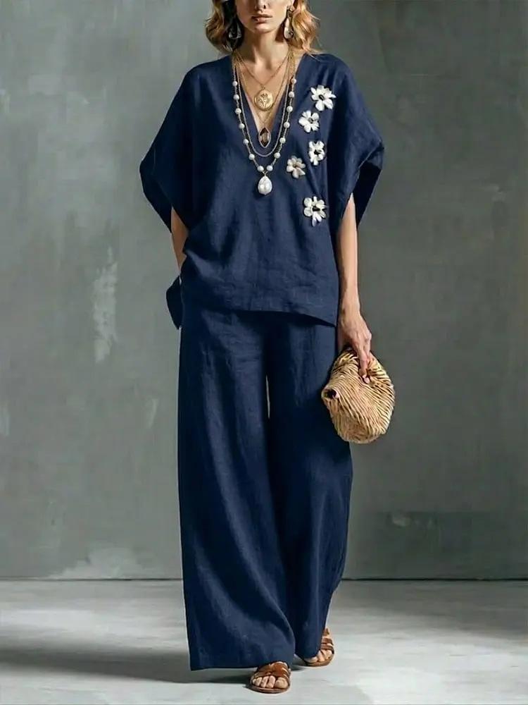 2026 new cross-border foreign trade ladies 2-piece set large size cotton and linen casual suit high waist loose trousers