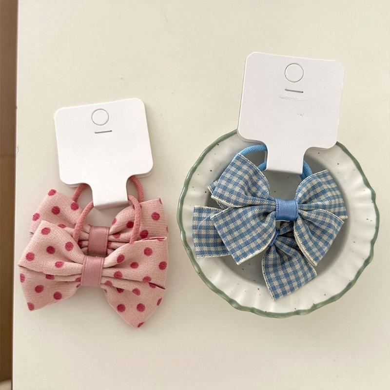 Fabric Handcrafted Bow Hair Ties for Children, Polka Dot Checkered Braided Hair Bands, Girls' Rubber Band Hair Clips