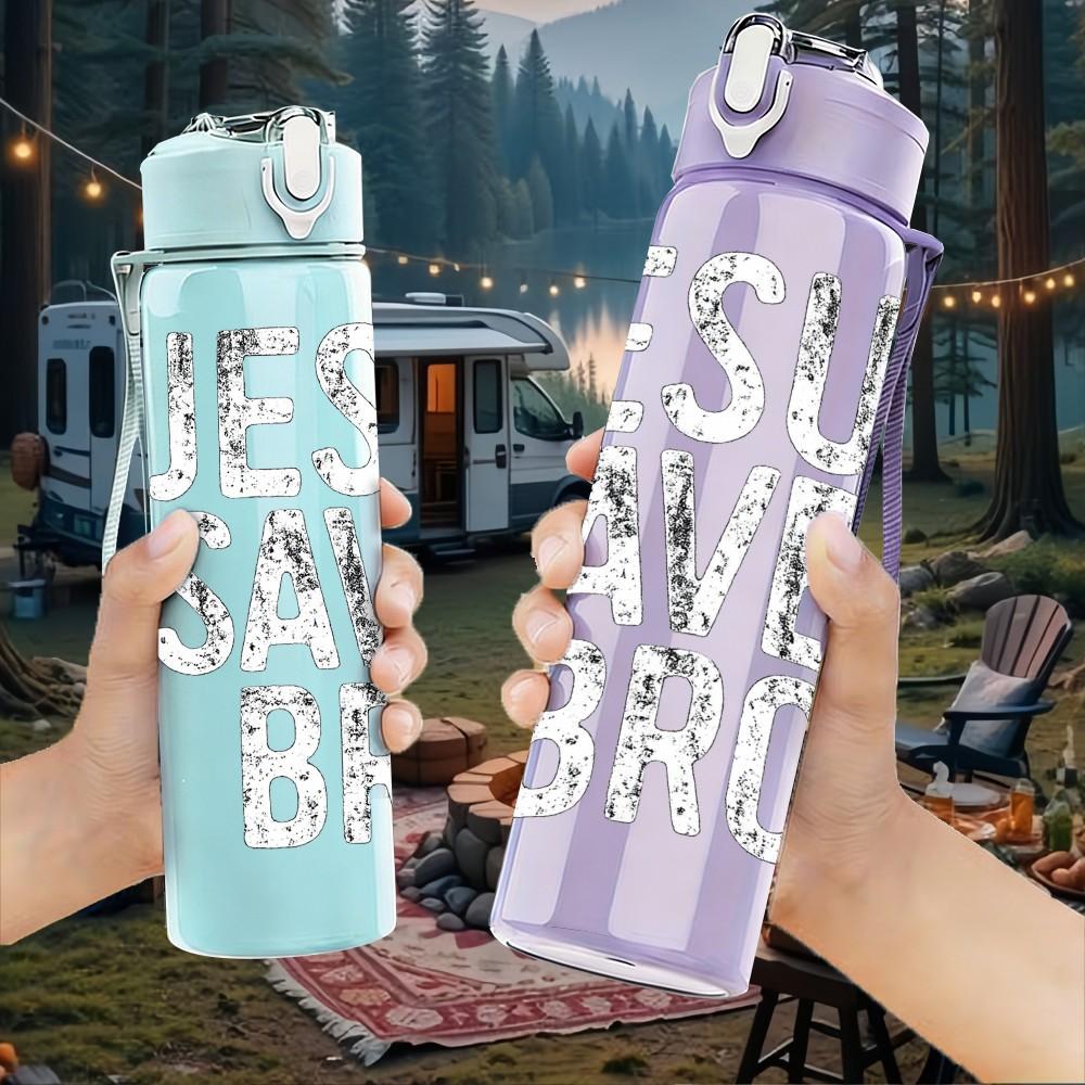 1PC Jesus Saves Bro Religious Text Print 750ml Color Plastic Sports Water Bottle Leakproof Flip Straw Lid Suitable for Sports Office Home Use
