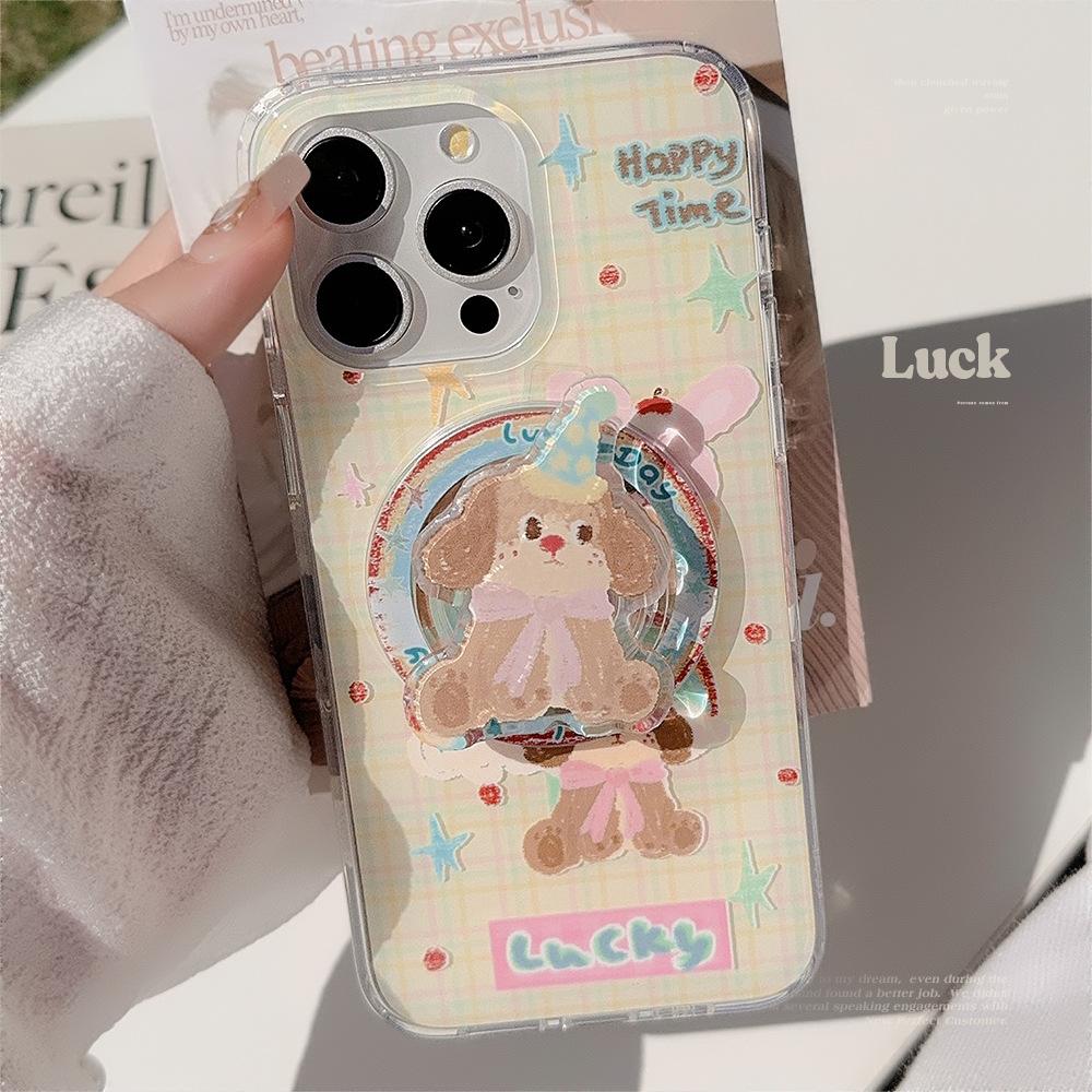 Double Layered Iphone16promax Mobile Phone Case Color Striped Dog 15 Apple 13 Suitable for 14 Magnetic Bracket