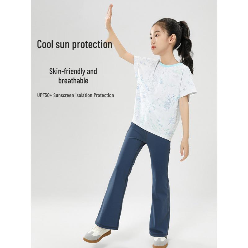 Girls' Summer Sports Set: High-Waisted Flared Pants & Kids' Sun Protection Short Sleeve Yoga Outfit