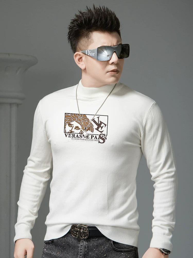 European Style Half-Turtleneck Sweater for Men, Autumn Trendy Printed Rhinestone Knitwear, Men's Warm Base Layer Shirt