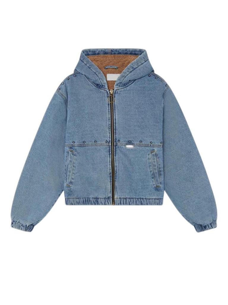 2025 Winter Retro Plus Velvet Hooded Long-Sleeve Faux Denim Jacket with Zipper Pockets