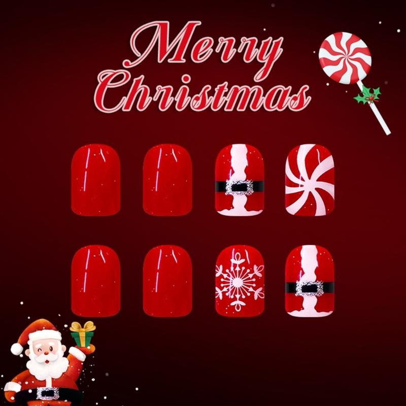 ABS Christmas Fake Nail 24PCS Santa Snowflake Glitters Design Holiday Party Press On Nail For DIY Manicure Comfort Wear