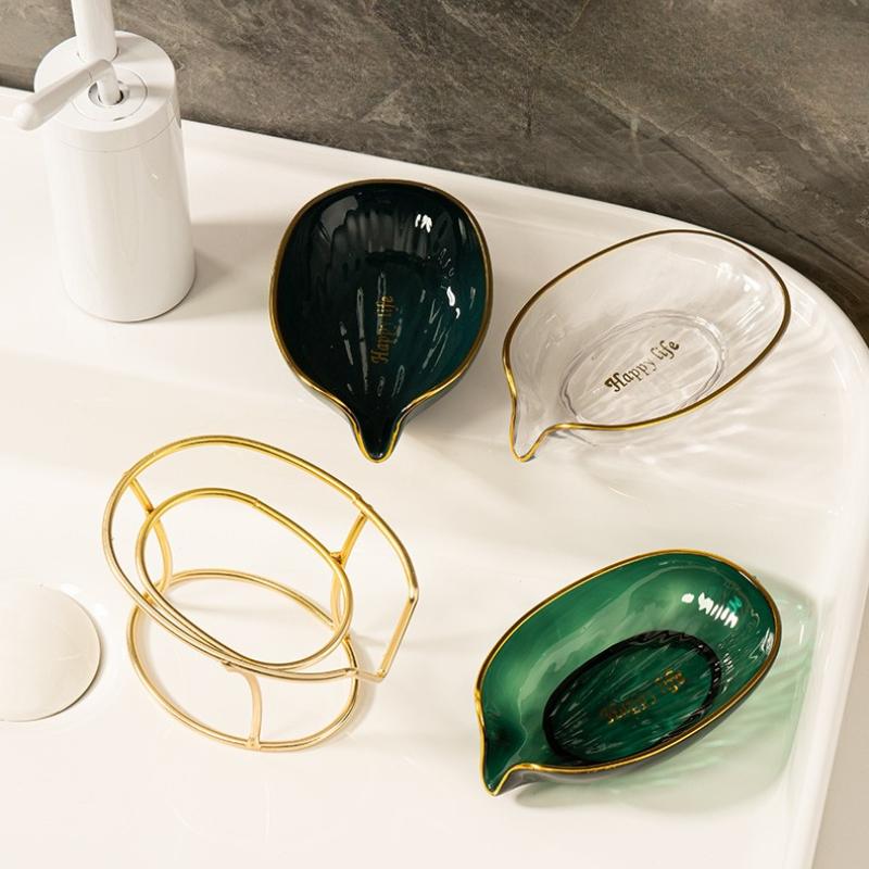 Soap Dish Box Bathroom Shower Soap Holder with Metal Bracket Drain Portable Leaf Shape Toilet Laundry Soap Rack Tray for Basin