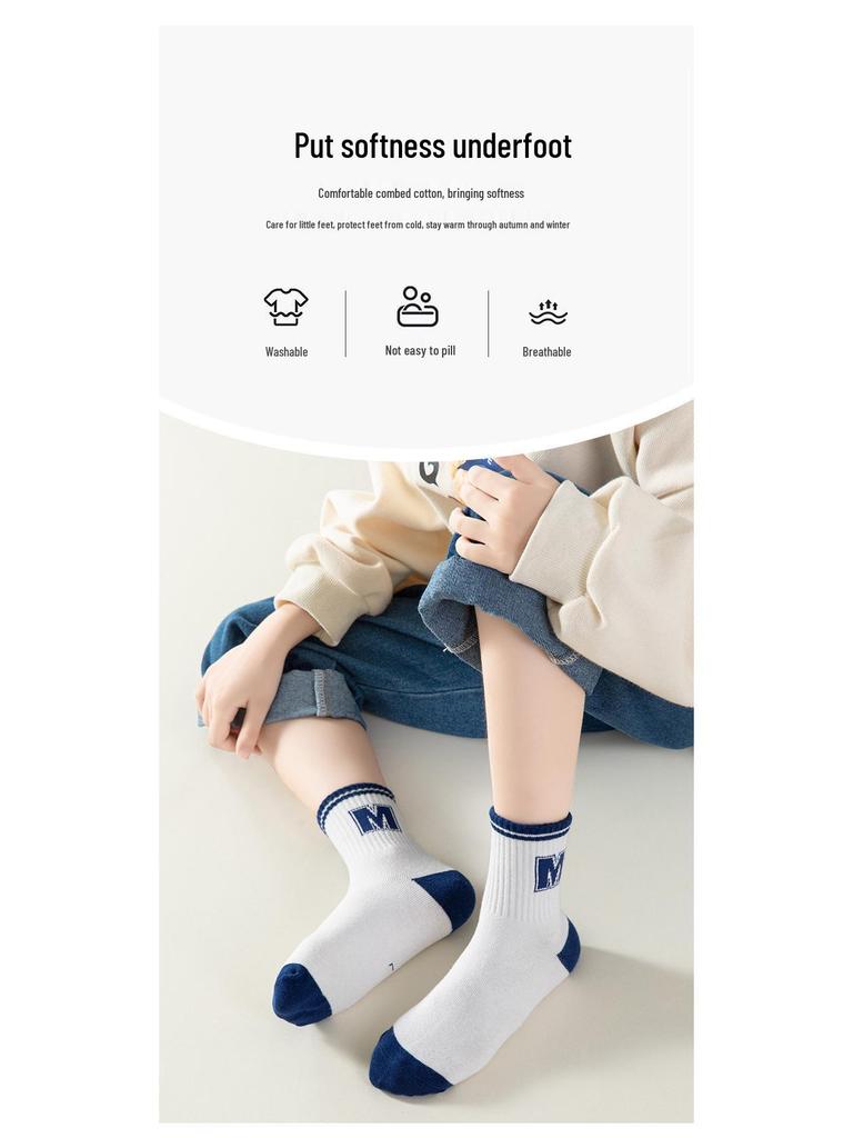Kids' Combed Cotton Mid-Calf Socks - Trendy, Antibacterial, Deodorant, Medium-Thick for Fall/Winter Sports.