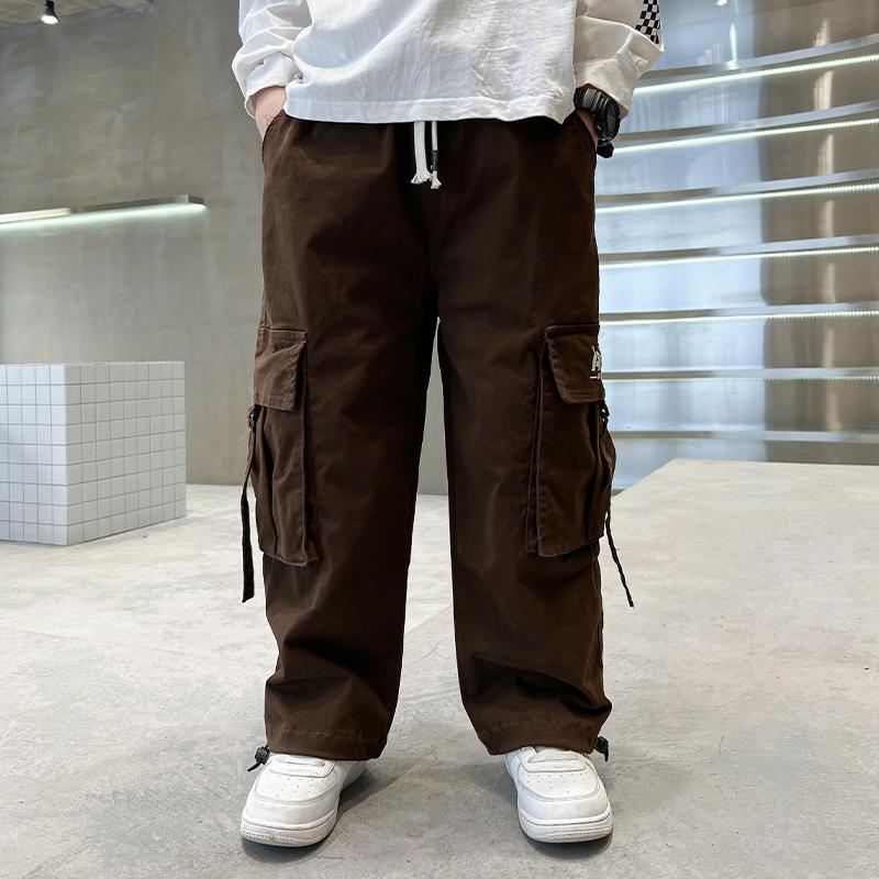Child Cool Brown Cargo Pants with Side Pocket for Boy Loose Fit Sporty Drawstring Trousers Kids Hiphop Sweatpants