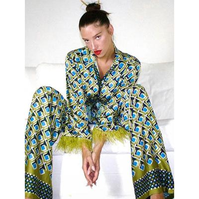 Set 2 Pezzi Pantaloni Piuma a Quadri Manica Lunga Pigiama Donna Camicette con Revers Completi Sonno Signore Vita Alta Pantaloni Dritti Set Pigiama