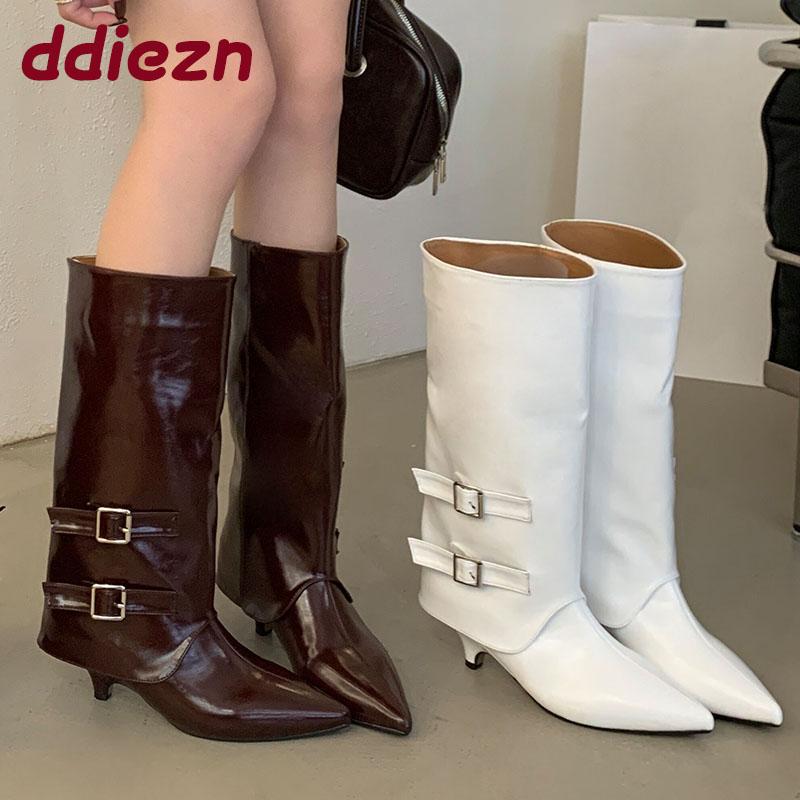 Fashion Fashion Buckle Women Knee High Boots Shoes With Low Heel Footwear Female Pointed Toe Ladies Western Boots Slip On Shoes Pumps