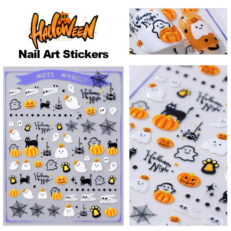 

3D Halloween Nail Art Stickers: Bat, Ghost, Pumpkin, Skull Designs