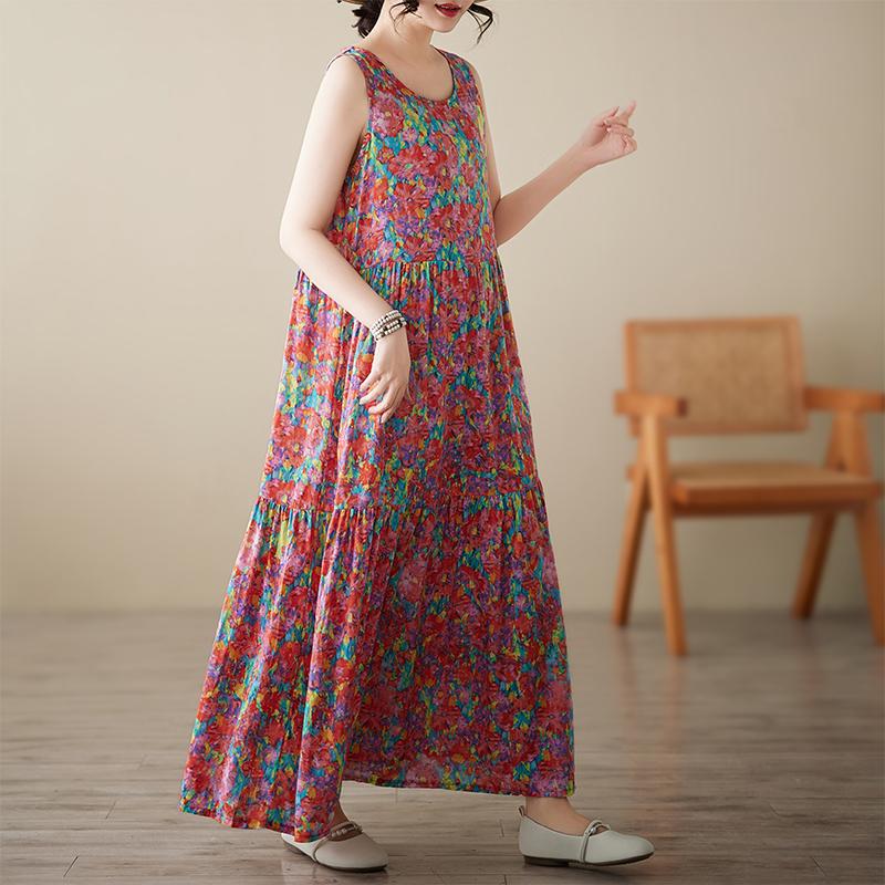 DIMANAF 2025 New Summer Women Plus Size Loose Vintage Floral Printing Dress Basic Sundress Casual Long Dress