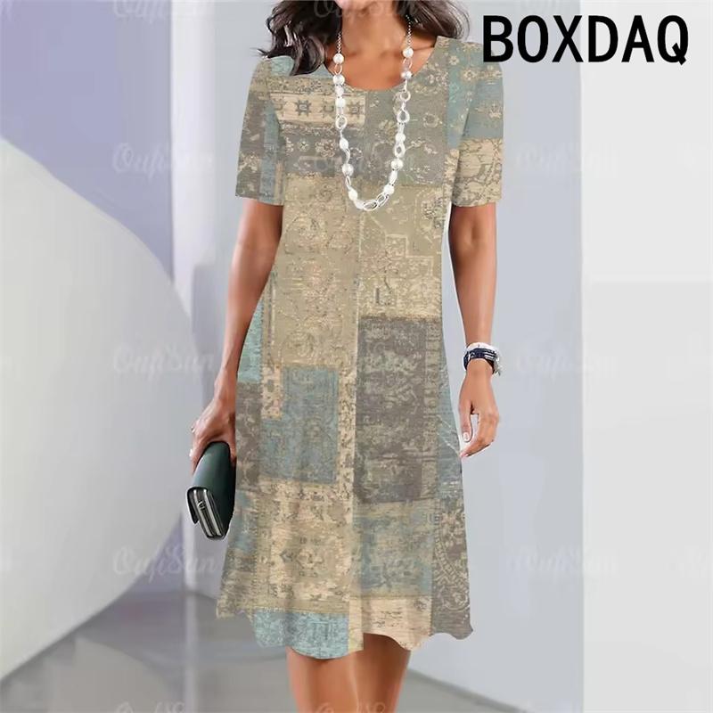 Summer Woman's Short Sleeves Dresses Geometric Pattern Print A-Line Dress 3D Retro Elegant Holiday Loose Dress Big Size Vestidos