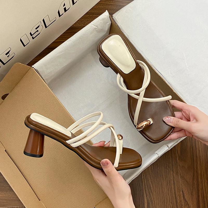 2025 New Summer Concise Meatl Clip Toe Women Slippers Thick Heels Party Pumps Mules Slide Shoes