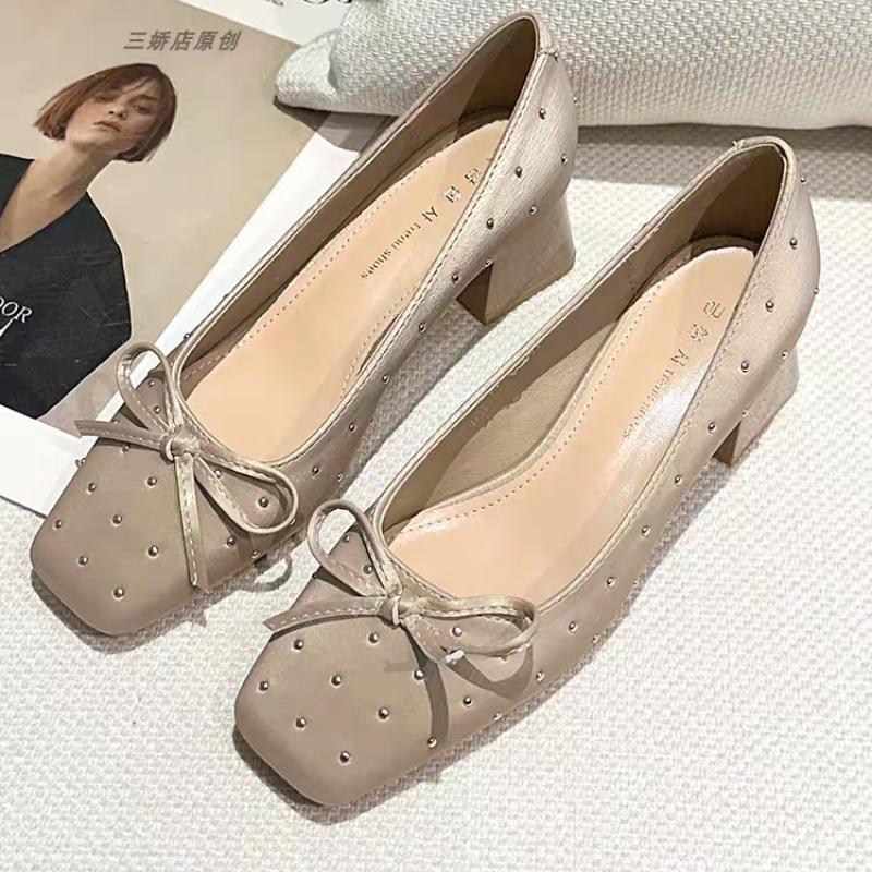 2025 Neu Hochhackige Einzelne Schuhe Quadratische Zehenpartie Flacher Schleife Slipper Rutschfest Verschleißfest Blockabsatz Schuhe