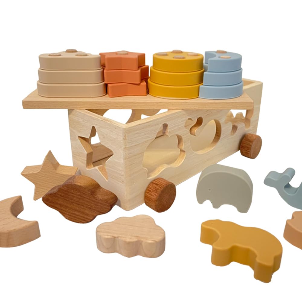 

Wooden Shape-Matching Puzzle Bus with Stick-Threading Function, Fingertip Play, Wooden Pretend Play Toy, Educational Toy for Boys and Girls,