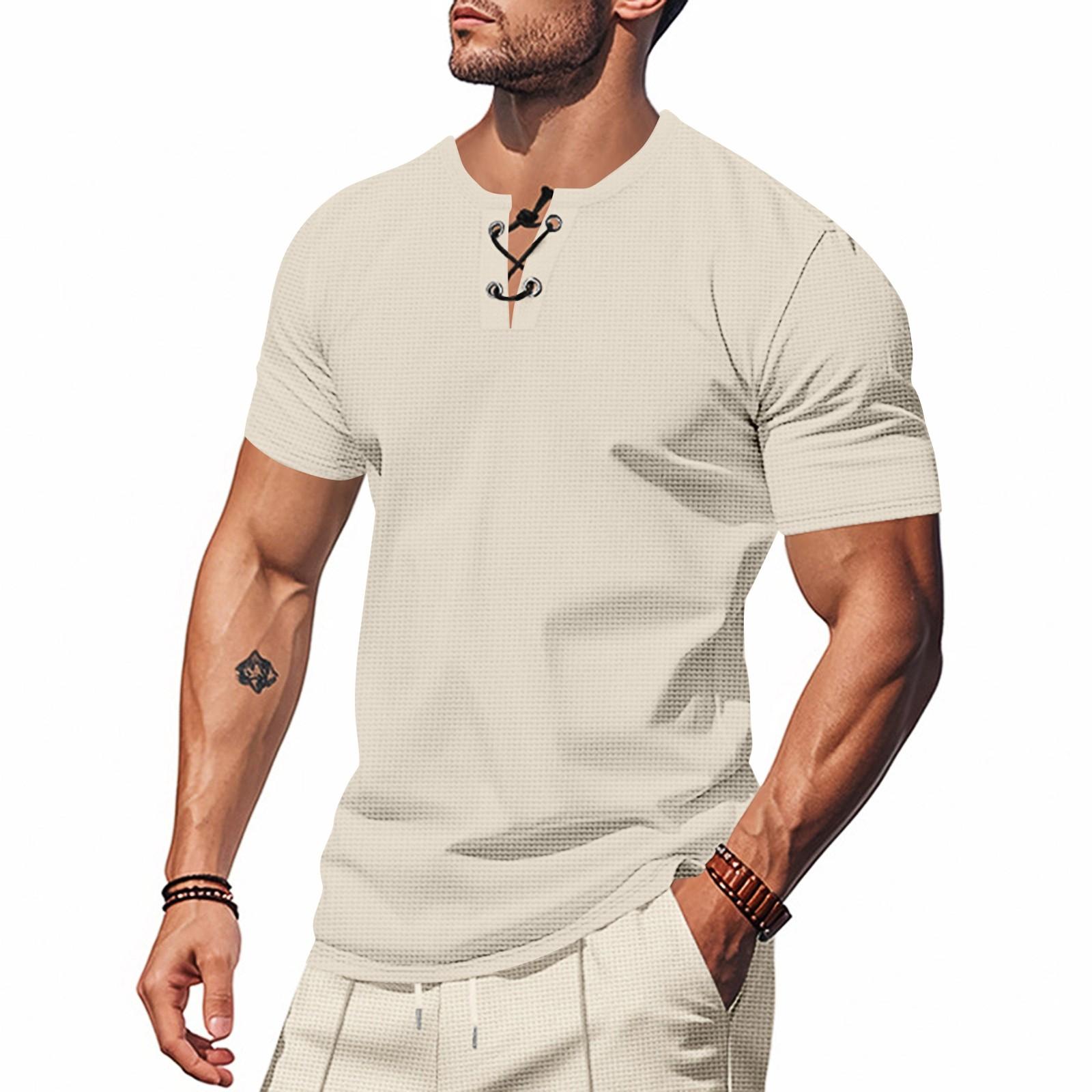 

Чоловіча однотонна спортивна повсякденна футболка з короткими рукавами та вирізом на шнурку XL хакі