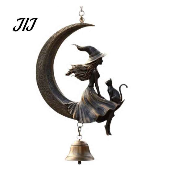 Unique Holiday Porch Decorations Halloween Witch And Black Cat Moon Wind Chime, Vintage on Crescent Metal Hanging Bell Decor Bell, Gothic Ornament for