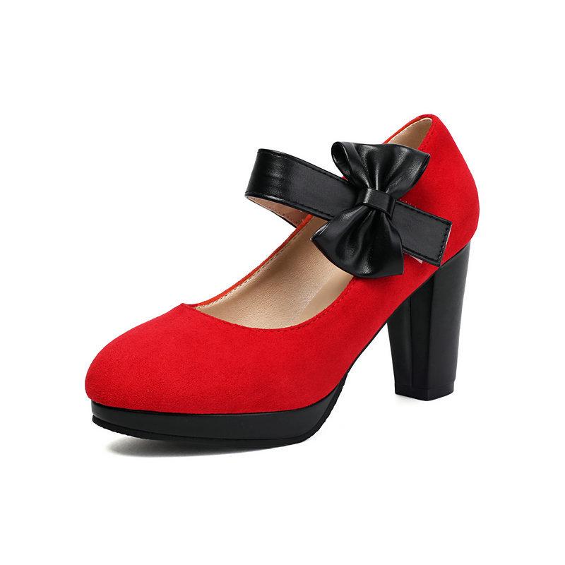 Suede Round Toe Chunky Heels with High Heels Bow Velcro Line with Single Shoes