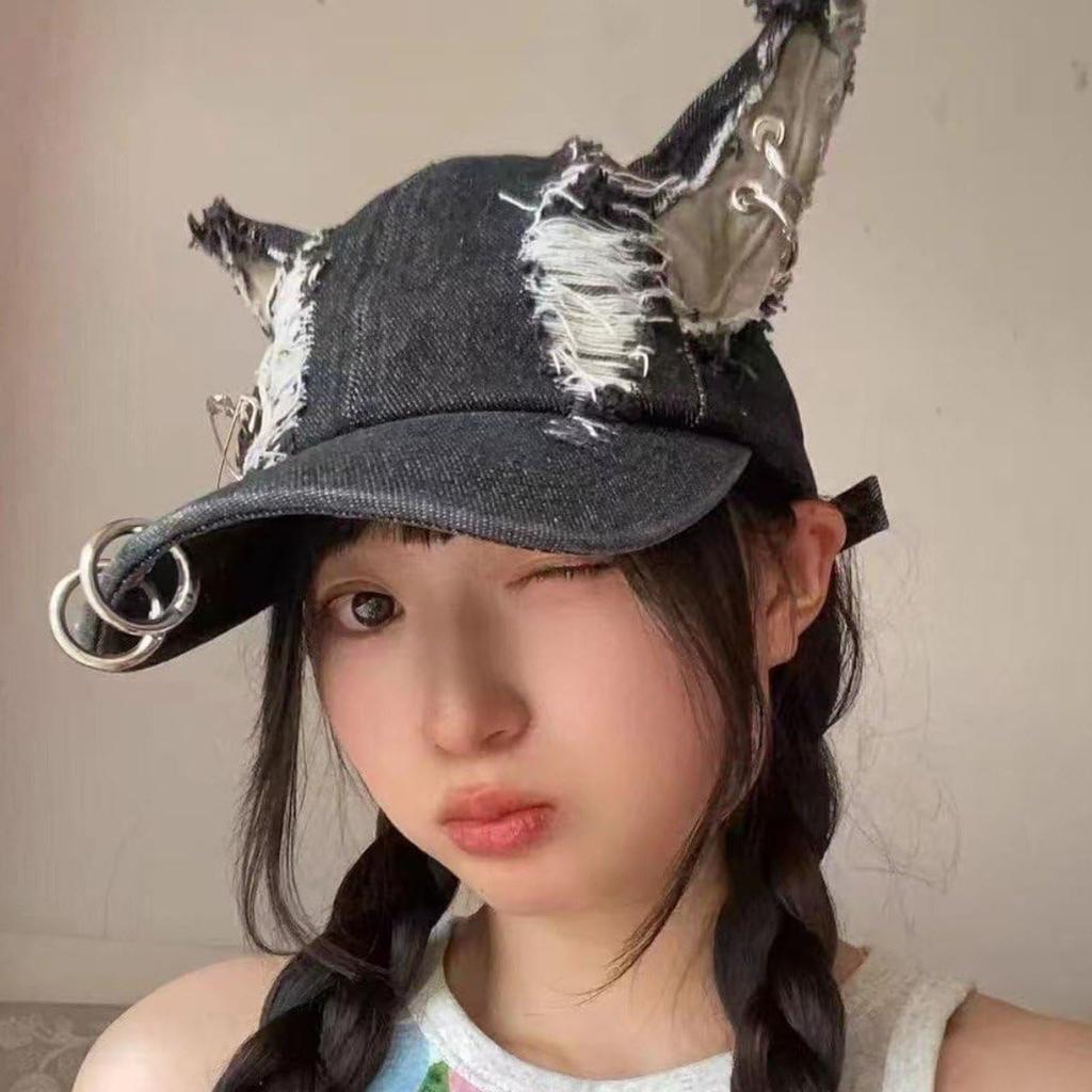 Ragged Denim Baseball Cap, Y2K Rabbit Ears Hat, Unisex, Street Trend, Adjustable Cap, Men‘s Hip-Hop Caps