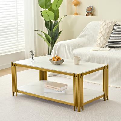 Rectangular Coffee Table with Metal Legs, Marbled Tabletop, Modern Living Room Furniture, White-Gold – H46/B1140/T64 Cm