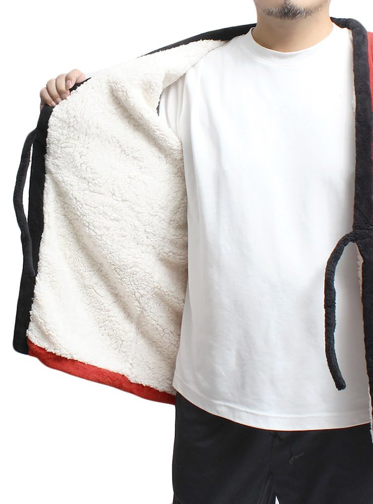 One Colors Men's Dotera Hanten (Chan-chanko Hanten), Plus Size, Warm, Fluffy Boa Lining, Cold Protection, Loungewear, Solid Color, Size L, Red