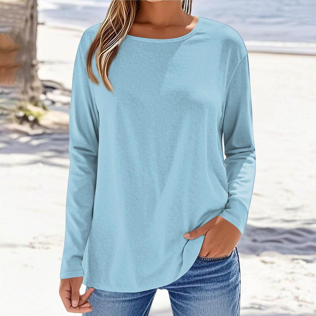 Women's Fashionable Casual Color Long Sleeved Round Neck Top Round Neck Top