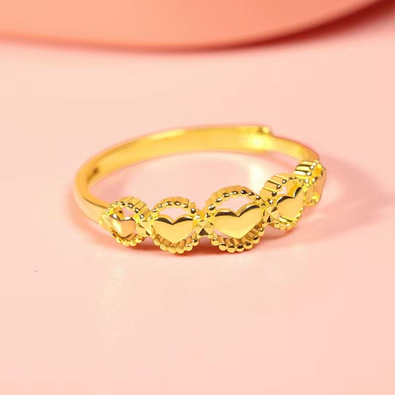 Vietnam Sand Gold Adjustable Linked Hearts Ring - Qixi Gift for Girlfriend, Temperament Copper Gold-Plated Jewelry