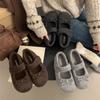 Damskie puszyste kapcie Mary Jane z kokardą, pluszowe buty domowe, baleriny, ciepłe wełniane, damskie, markowy design, eleganckie pluszowe mokasyny