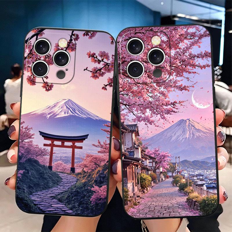 Japanese Pink Cherry Mount Fuji Soft Phone Case for iPhone 16 16E 17 Air 15 Pro Max 14 Plus 13 Mini 11 12 7 Black Cover Back She