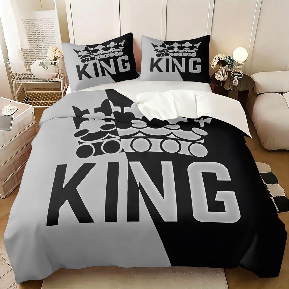 King Crown Print Duvet Cover Set(1 Duvet Cover & 1/2 Pillowcase) Minimalist Black and Gray Bedding Set for Modern Bedroom Decor
